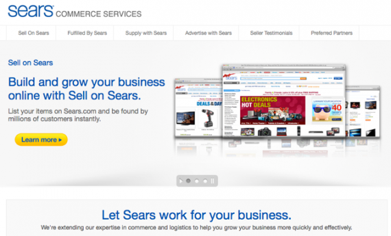 Sears.com offers three different services to third-party sellers: Advertise on Sears, Sell on Sears, and Fulfilled on Sears.