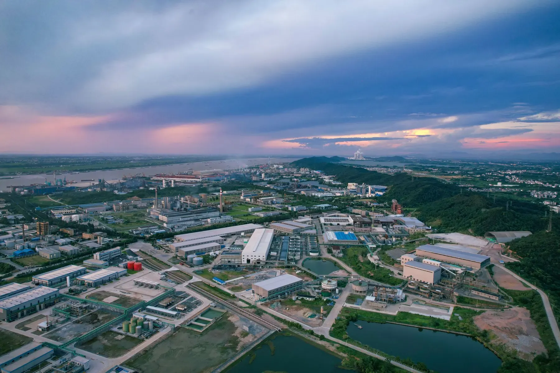 An industrial area in Jiujiang, China, from the air at sunset
